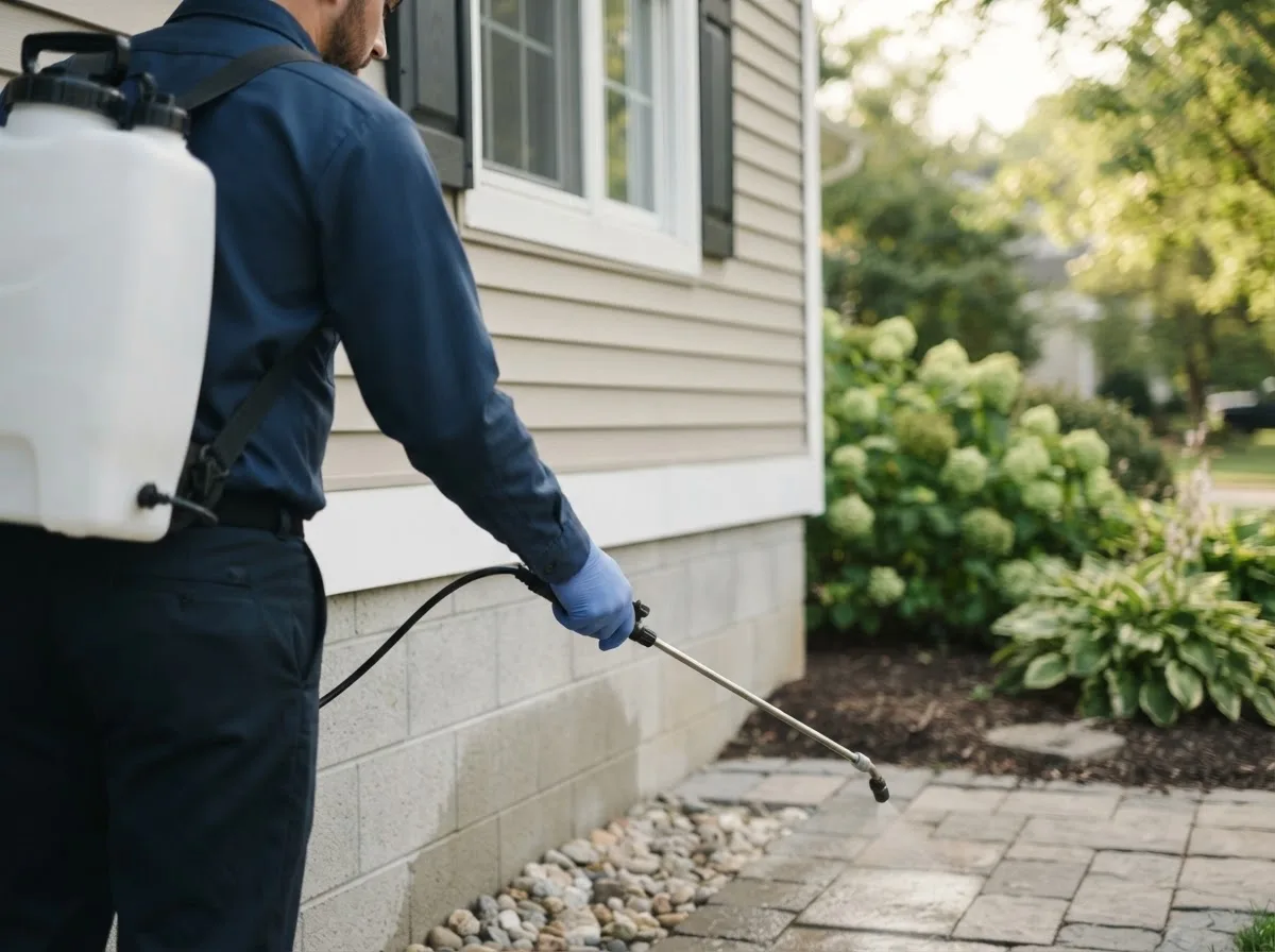 Pest control technician inspecting a home in Mcconnell, IL